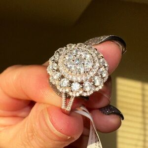 Stunning statement silver ring with round lab diamonds in a halo ring size 8